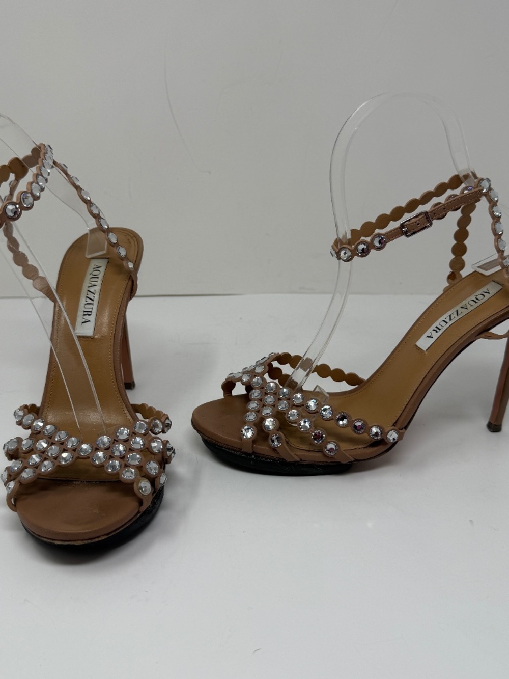Aquazzura Tequila Crystal Jewel Rhinestone Embellished Leather Heels Sandals 9.5